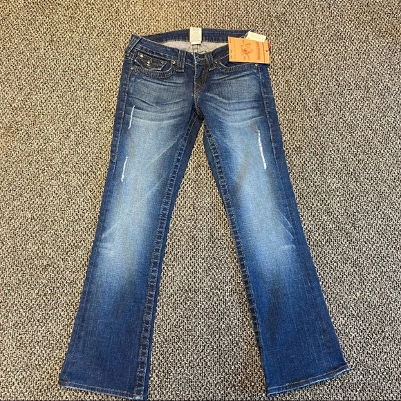 TRUE  RELIGION Sz 27 Disco Becky Big T Swarovski Crystal Distressed Jeans - Picture 1 of 14